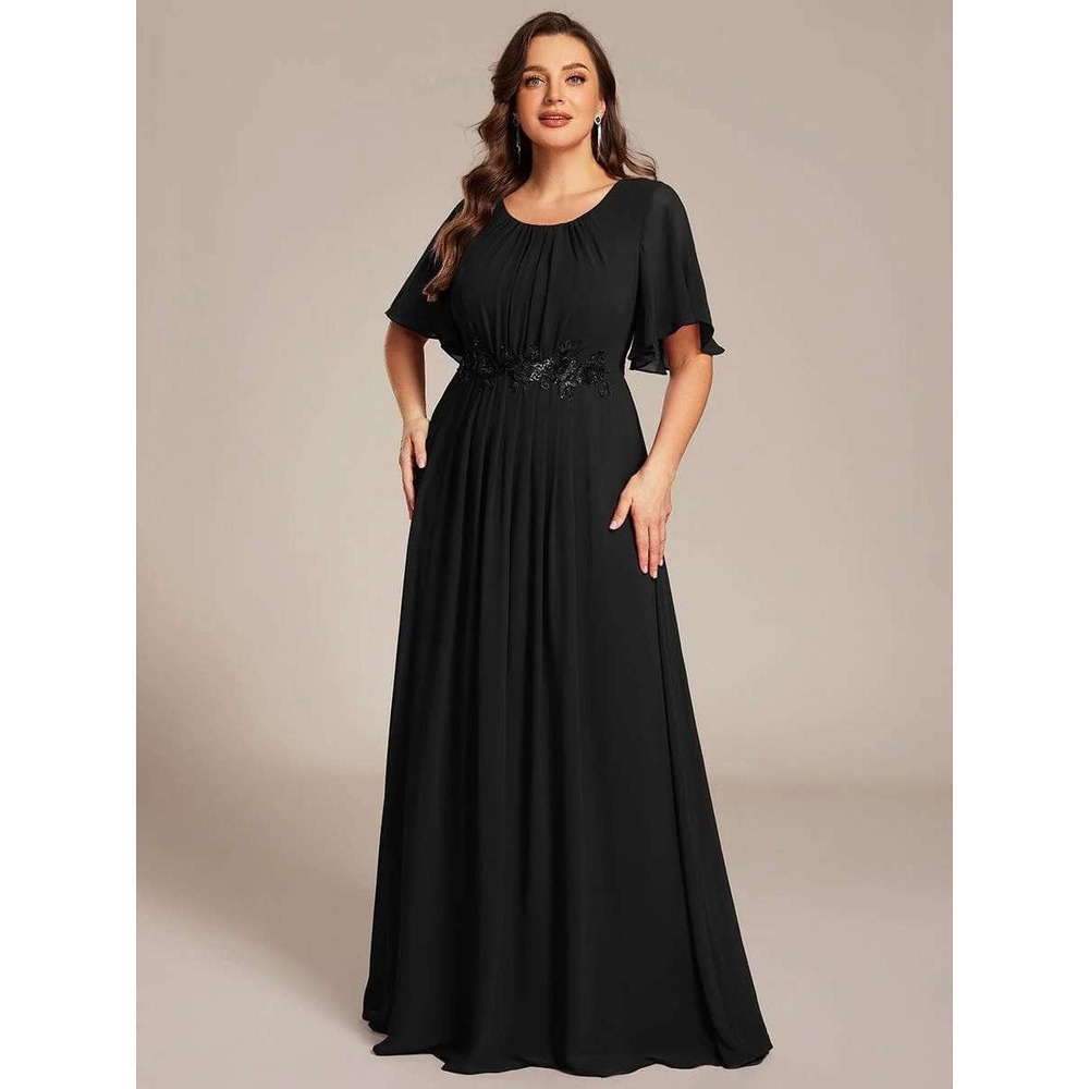 Ever Pretty Aspyn Black Short Sleeve A Line Floor Length Formal Dress NWT / 14